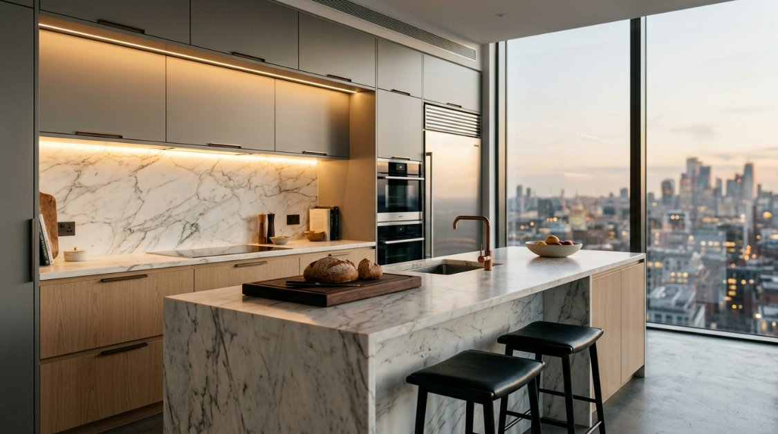 A luxury modern kitchen design showcasing sleek gray upper cabinets with integrated lighting and minimalist hardware in a high-end penthouse setting.