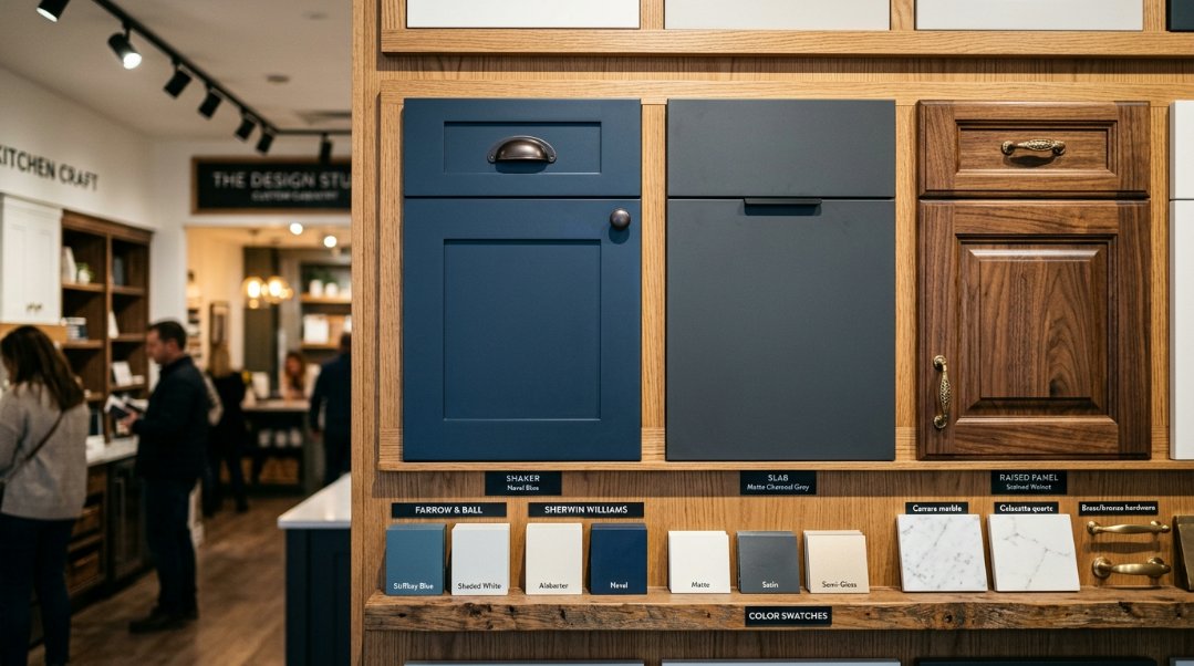 A collection of different kitchen cabinet door styles including Shaker, Slab, and Raised Panel, displayed in a professional showroom with various color samples.