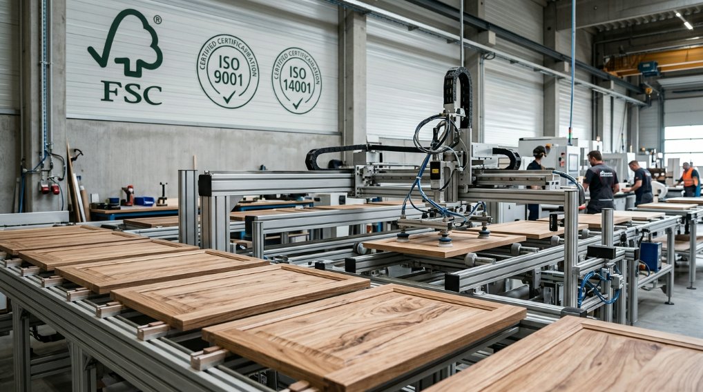 An industrial manufacturing facility showing a high-tech production line for eco-friendly cabinet doors with FSC and ISO certification logos visible in the background.