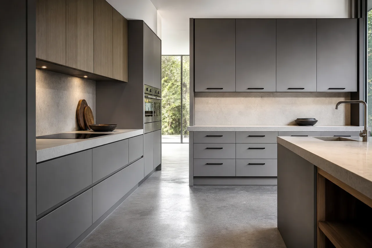 Modern US kitchen showing true handleless grey cabinets beside a contrasting black-handle grey cabinet run